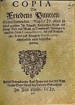 Titelblatt eines Druckes mit dem Inhalt des Lübecker Friedens
