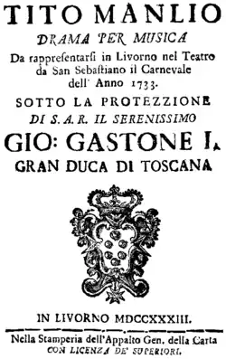 Anonymer Komponist – Tito Manlio – Titelseite des Librettos – Livorno 1733