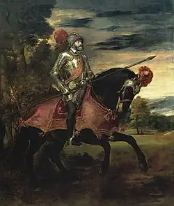 Karl V. nach der Schlacht bei Mühlberg, im Hintergrund eine idyllisch-friedliche Landschaft