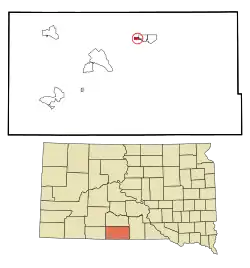 Lage von Mission im Todd County (unten) und in South Dakota (oben)