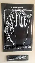 Eine Bildtafel zeigt eine Hand, die Finger sind in Spanisch und Otomi beschriftet und verdeutlichen die sieben Todsünden