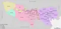 Grafik der Präfektur Tokio mit den Bezirken (lila) und Städten und Gemeinden (rosa und braun) ohne die Izu- und Ogasawara-Inseln
