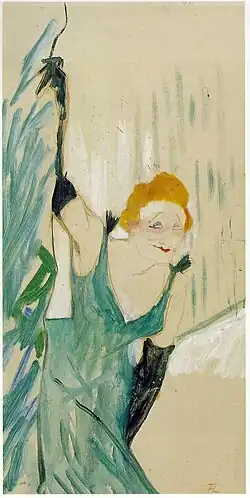 Henri Toulouse-Lautrec: Yvette Guilbert salue le public (1894), Gouache, 48&nbsp;cm × 28&nbsp;cm, Musée Toulouse-Lautrec