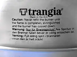 Trangia-Kocher: aufgedruckter Warnhinweis