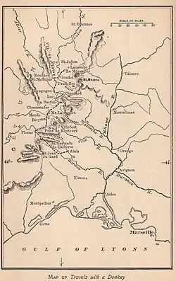 Routenkarte: Eine Reise mit dem Esel durch die Cevennen (1918)