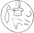 Umzeichnungen der Vorder- und Rückseite des 1995 gefundenen bikonvexen Bronzesiegels aus der 2.&nbsp;Hälfte des 12.&nbsp;Jahrhunderts v.&nbsp;Chr. mit den Logogrammen SCHREIBER, GUT und FRAU sowie zwei Eigennamen[47]