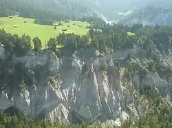 Das Gebiet Planezzas an der Rhein­schlucht – im Vordergrund das Laaxertobel
