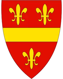 Wappen: In Rot trennt ein goldener Balken drei goldene Lilien.