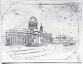 Umdruckvorlage von 1823 für eine Tasse, erstellt nach der Druckgrafik (links)