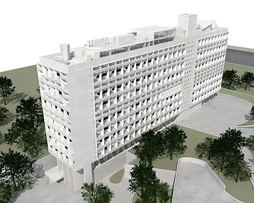 Visualisierung nach Archivplänen der Fondation Le Corbusier. Der Dachaufbau und die Tiefgarage wurden nicht gebaut.[23.2]