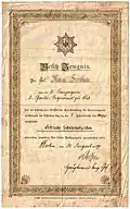 Besitz-Zeugnis zur Schützenschnur von 1908.