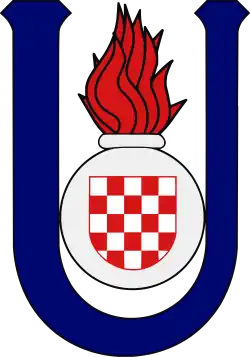 Emblem der Ustascha: Großbuchstabe U für Ustaša, darin eine Granate mit kroatischem Wappenschild