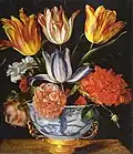 Juan van der Hamen y León (?), Strauß mit Tulpen, Rosen und Mohn, 29,5 × 25,8&nbsp;cm, Öl auf Kupfer, Privatsammlung in New York