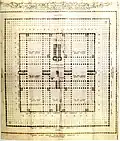 Grundriss des Hamburger Modells. Entspricht bis auf die fehlende Außengalerie dem Grundriss aus Juan Bautista Villalpando: In Ezechielem Explanationes, 1604.