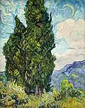 Das Gemälde zeigt eine charakteristische Faktur. Die Farbe ist pastos und in kleinen Strichen nebeneinander in Bögen, Wellenlinien, Spiralen und Kreisen aufgetragen. Vincent van Gogh: Zypressen, 1889.