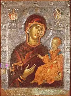 Byzantinische Doppelikone (Konstantinopel, Anfang des 14.&nbsp;Jahrhunderts): Avers mit der Muttergottes als Seelenretterin