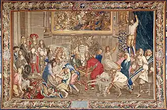 Tapisserie Besuch Ludwigs XIV. in der Gobelin-Manufaktur. Man sieht auch Möbel, sowie Objekte aus Silber und Gold