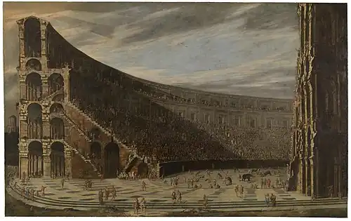 Viviano Codazzi und Domenico Gargiulo: Perspektivischer Blick in ein römisches Amphitheater (das Kolosseum ?), um 1638, Öl auf Leinwand, 220,5 × 352,7 cm, Prado, Madrid