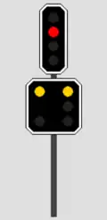 Halt zeigendes Hauptsignal mit dunkelgeschaltetem sowie mit Warnung zeigendem Vorsignal