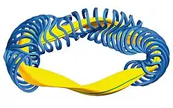 Wendelförmig gewundener Plasmakern (gelb) eines Stellarators, hier des Experimental-Fusionsreaktor Wendelstein 7-X