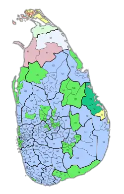 Mehrheiten (stimmenstärkste Parteien) in den 160 Stimmbezirken:[6] ﻿United National Party (UNP) ﻿UNP, Wahlbeteiligung unter 2 % ﻿People’s Alliance (PA) ﻿PA, Wahlbeteiligung unter 2 % ﻿Tamil United Liberation Front (TULF) ﻿United National Alliance (NUA) ﻿Eelam People’s Democratic Party (EPDP) ﻿Tamil Eelam Liberation Organisation (TELO) ﻿All Ceylon Tamil Congress (ACTC)