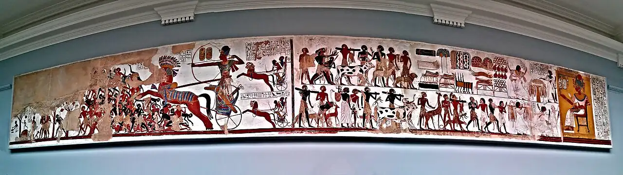 Ägypter mit Schurzen aus Gepard- und Leopardfellen Wandmalerei des Tempels von Beit El-Wali (Gipsabdruck), Ramses II (* um 1303 v. Chr.; † 1213 v. Chr.) in Nubien