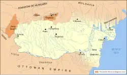 Die Walachei während der Herrschaft von Mircea cel Bătrân, der 1404 die Dobrudscha, damit einen Zugang zum Schwarzen Meer erwarb.