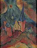 Kirche mit Sonne, Bigge, 1919–1920, Öl auf Leinwand, 70&nbsp;×&nbsp;50&nbsp;cm