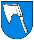 In Blau eine silberne Zimmermannsaxt: Frauenzimmern (redend)