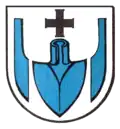 Wappen des Heilbronner Stadtteils Kirchhausen, von zwei Sechen flankiertes Pflugschar
