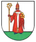 Nikolaus, in der Linken drei goldene Kugeln (Brote) haltend