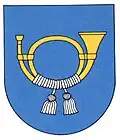 rechts liegendes goldenes Posthorn mit silbernem Band und zwei Quasten