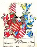 Gemehrtes Wappen der Regina Herrin von Polheim zu Parz, Zeichnung (ca. 1890) von Ernst Graf Sprin­zen­stein (&nbsp;Familien­archiv Sprinzen­stein&nbsp;)