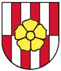 Rosenberg, altes Wappen „Fünfmal von Silber und Rot links verschoben gespalten, belegt mit einer unbespitzten goldenen Rose.“