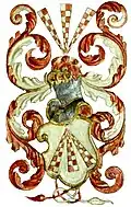Wappen derer von Scharpenberg an einem Kirchenstuhl in der St.-Sylvester-Kirche in Quakenbrück