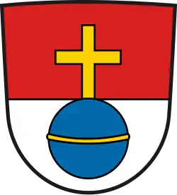 Schwabmünchen – Geteilt von Rot und Silber; darauf ein Gemarkungszeichen in Form eines blauen Reichsapfels mit goldenem Kreuz und goldenem Reif