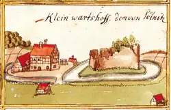 Klein Wartshoff: Warthof mit Ruine der Burg Wart aus Andreas Kiesers Forstlagerbuch (1686)