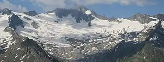 Waxeggkees mit Großem Möseler, Furtschaglspitze und Schönbichler Horn (von links nach rechts, Gletscherstand 2021)