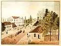 Blick von Süd-Südosten durch das Weender Tor hinaus in die Weender Landstraße. Aquarell von Friedrich Besemann, um 1838/40. Rechts vor dem Tor das Wachhaus, noch davor der Wallaufgang; hinter dem Tor links das Haus des Zimmermeisters Freise.
