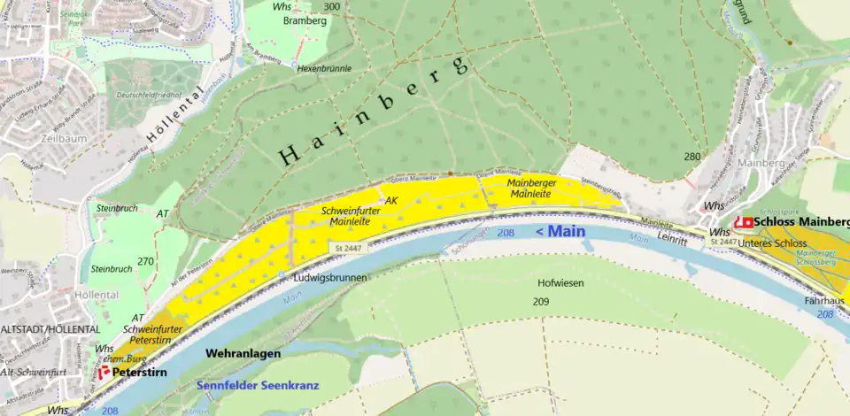 Weinbau an der Mainleite; heutige Weinberge (ocker), Weinberge bis Mitte des 20.&nbsp;Jh. (gelb), Weinberge in historischer Zeit (hellgrün)