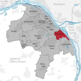 Lage des Stadtteils Mainz-Weisenau (anklickbare Karte)