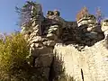 Die Ruine von Süden. Rechts im Vordergrund die Kellermauer des Hauptgebäudes mit Lichtschlitz