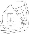 Kirche, Friedhof, Pfarrhaus (b) mit Nebenräumen (c bis f) und Straße (g) 1843