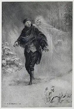 Titelbild der Legende von Sleepy Hollow (Washington Irving) von Illustrator F. S. Coburn 1899, im Bild Ichabod Crane, der sich ein Geist an seiner Schulter vorstellt.