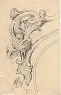 links: Entwurf Ornamente Rokoko, 1928 rechts: Aufsatzvitrine Aachen-Lütticher Barock, ab 1949