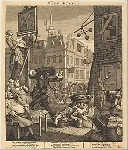 Beer Street (Bierstraße) von William Hogarth, Stahlstich um&nbsp;1860 nach dem Original von 1751