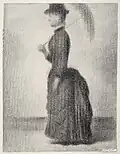 Kreidezeichnung auf grobkörnigem Papier. Georges Seurat: Gehende Frau mit Sonnenschirm. 1884.