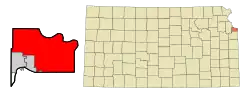 Lage von Kansas City im Wyandotte County (links) und in Kansas (rechts)