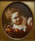 Mädchen mit einem Korb Äpfel, 1740er, Öl auf Leinwand, 34,29 cm × 28,58 cm, Blanton Museum of Art, Austin (Texas)