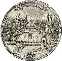 Tigurum statt Turicum: Der neulateinische Name war von Gelehrten des frühen 16. Jh. erfunden worden; siehe Tiguriner (½&nbsp;Taler von 1721)